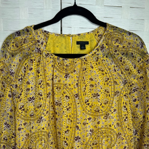 Ann Taylor Yellow Maroon Paisley Ditzy Floral Ruffle Long Sleeve Top Size Med - Picture 2 of 11